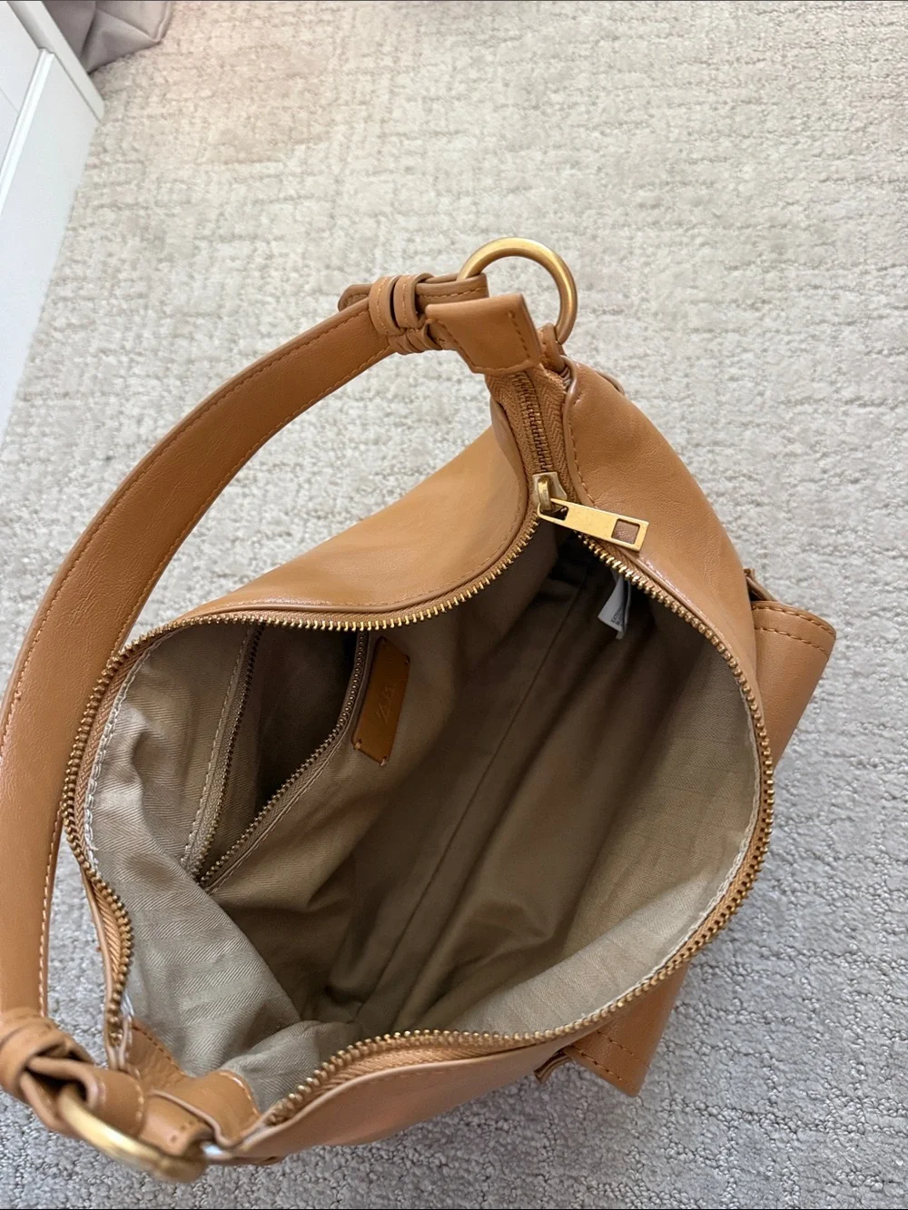 Zara Cognac Leather Shoulder Bag with Front Pocket